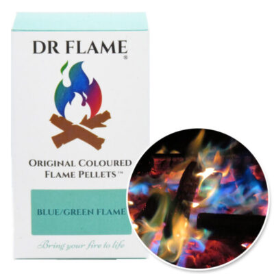 Dr Flame <br /> Green Pellets<br />£15<br /><font size="2"> A deep, charged neon blue, with shades of forest green, deep purples and lilacs. Suitable for all indoor and outdoor wood fires.</font>